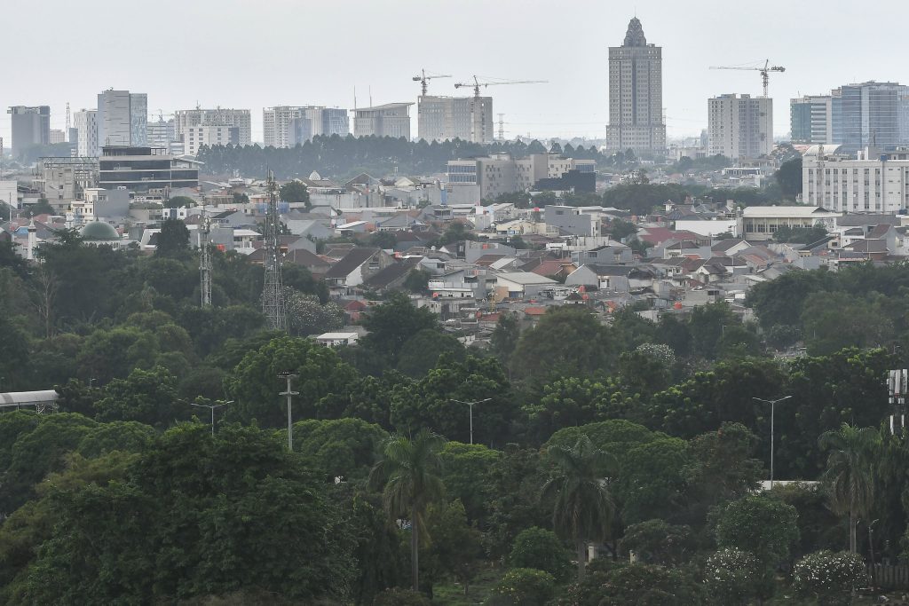 Lanskap pepohonan dengan latar belakang gedung bertingkat di Karet Kuningan, Jakarta Selatan, Jumat (13/12/2024)