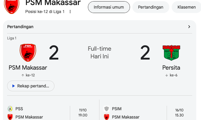 PSM Makassar Berbagi Poin dengan Persita Tangerang